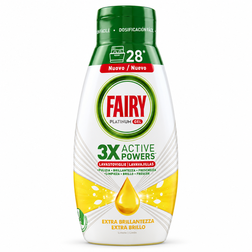 Fairy Platinum Geschirrspüler-Gel Zitrone 504 ml, Extra Glanz mit 3X Active Powers, Flasche mit grünem Verschluss
