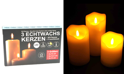 [11260] LED Echtwachskerze "3D Flamme" 4tlg. Set, 7,5x10/12,5/15, Timer+Fernbed., creme 