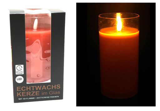 [11526] LED Echtwachskerze in Glas "3D Flamme" 7,5x15cm 6h Timer, rose, transp. Glas