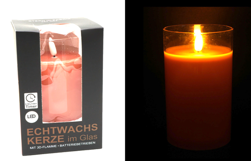 [11525] LED Echtwachskerze in Glas "3D Flamme" 7,5x12,5cm 6h Timer, rose, transp. Glas 