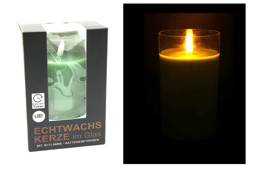 [11522] LED Echtwachskerze in Glas "3D Flamme" 7,5x15cm 6h Timer, mint, transp. Glas 