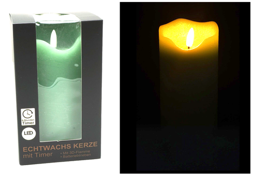 [11516] LED Echtwachskerze "3D Flamme" 7,5x15cm mit Timer, mint 